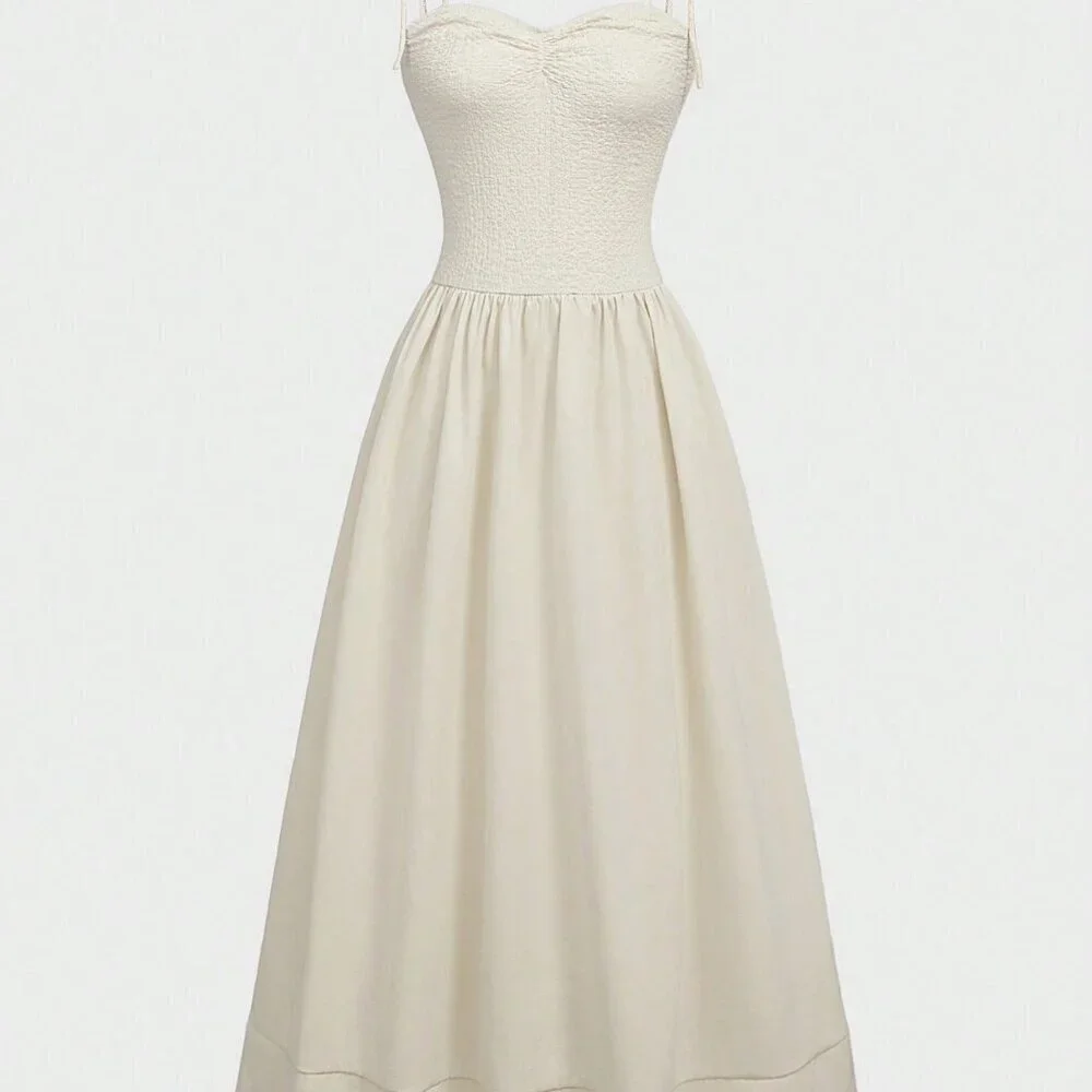 Cream Party Women's Beach Vacation Elegant Waist Cinched Fitted Camisole Dress - Picture 3 of 7